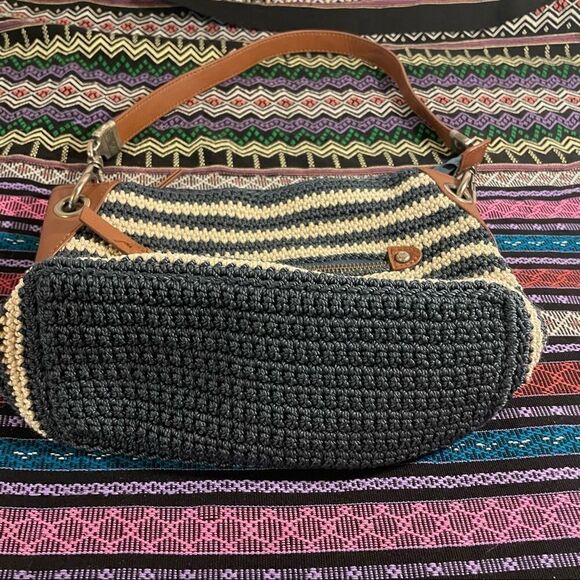 The Sak Indio Hand-crocheted striped woven bag cream navy leather shoulder bag - Picture 8 of 12